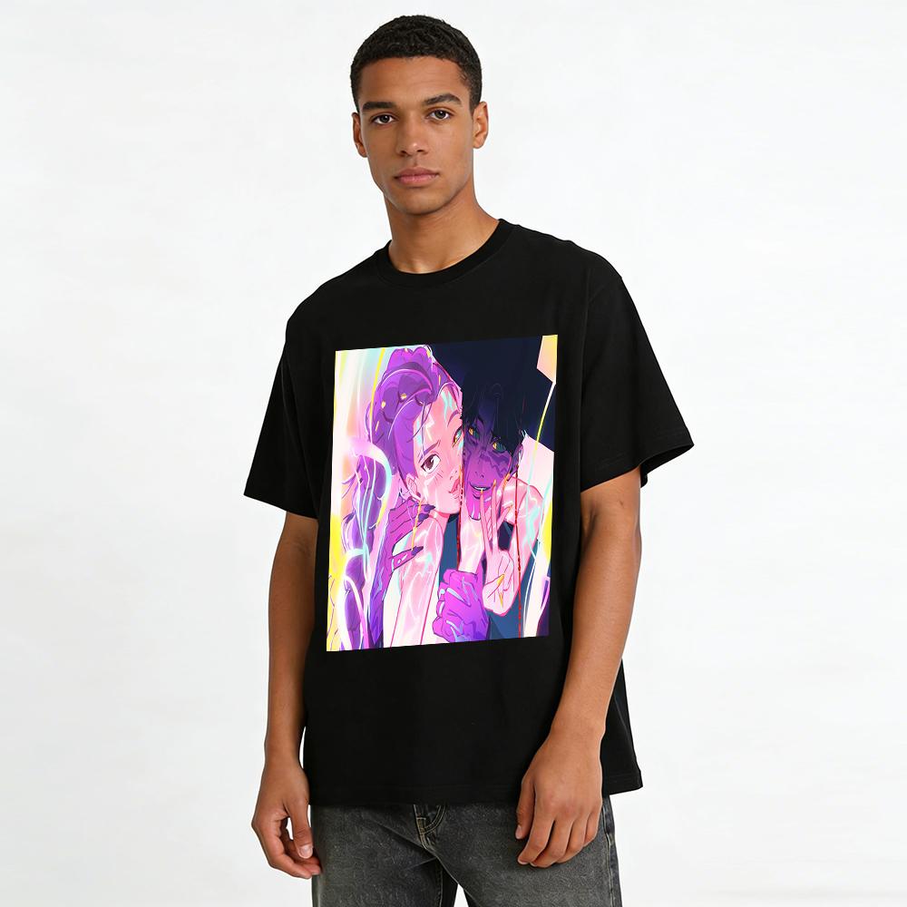 Cyberpunk Style Twin Portrait Print T-Shirt Trendy Streetwear Loose Breathable Unisex Top Pure cotton T-shirt