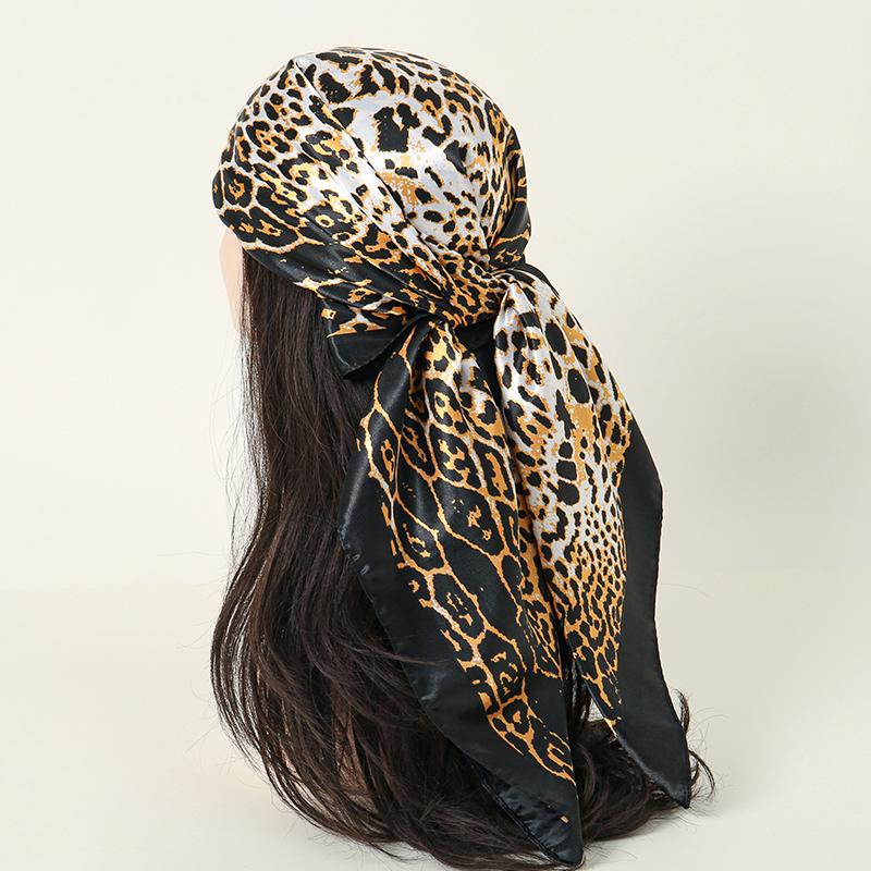 Leopard Print 90*90cm Square Women Silk Scarf Hijab Shawl Kerchief Hair Towel Soft Neck Headband Bandana Scarves Wrap