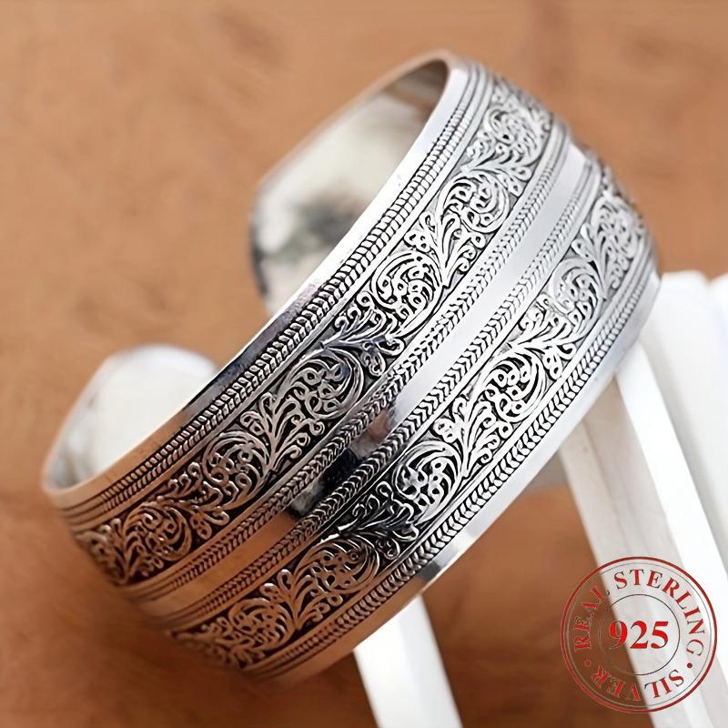 Bracciale a spirale floreale in argento, design aperto regolabile, versione larga, elegante e semplice, adatto per l'uso quotidiano