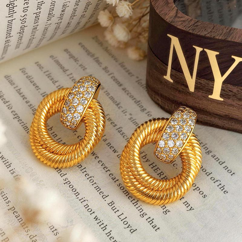 Daily Versatile Diamond-Studded Twist Double Ring Big Stud Earrings For Women 24K Gold Au999 | Suitable For Commute And Parties