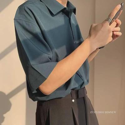 Men's Dark Green Retro Korean Loose Short-Sleeve Ice Silk Shirt