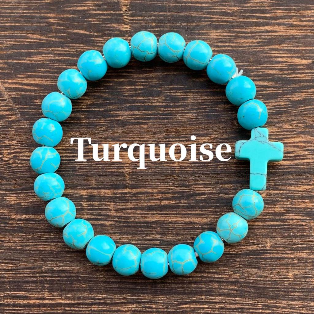 Natürliches Tigerauge, Grüner Aventurin, Türkis und Malachit Kreuz Perlenarmband