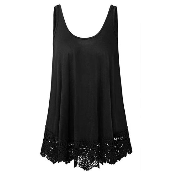 Women Vest Sleeveless Round Neck Lace Hem Solid Color Plus Size