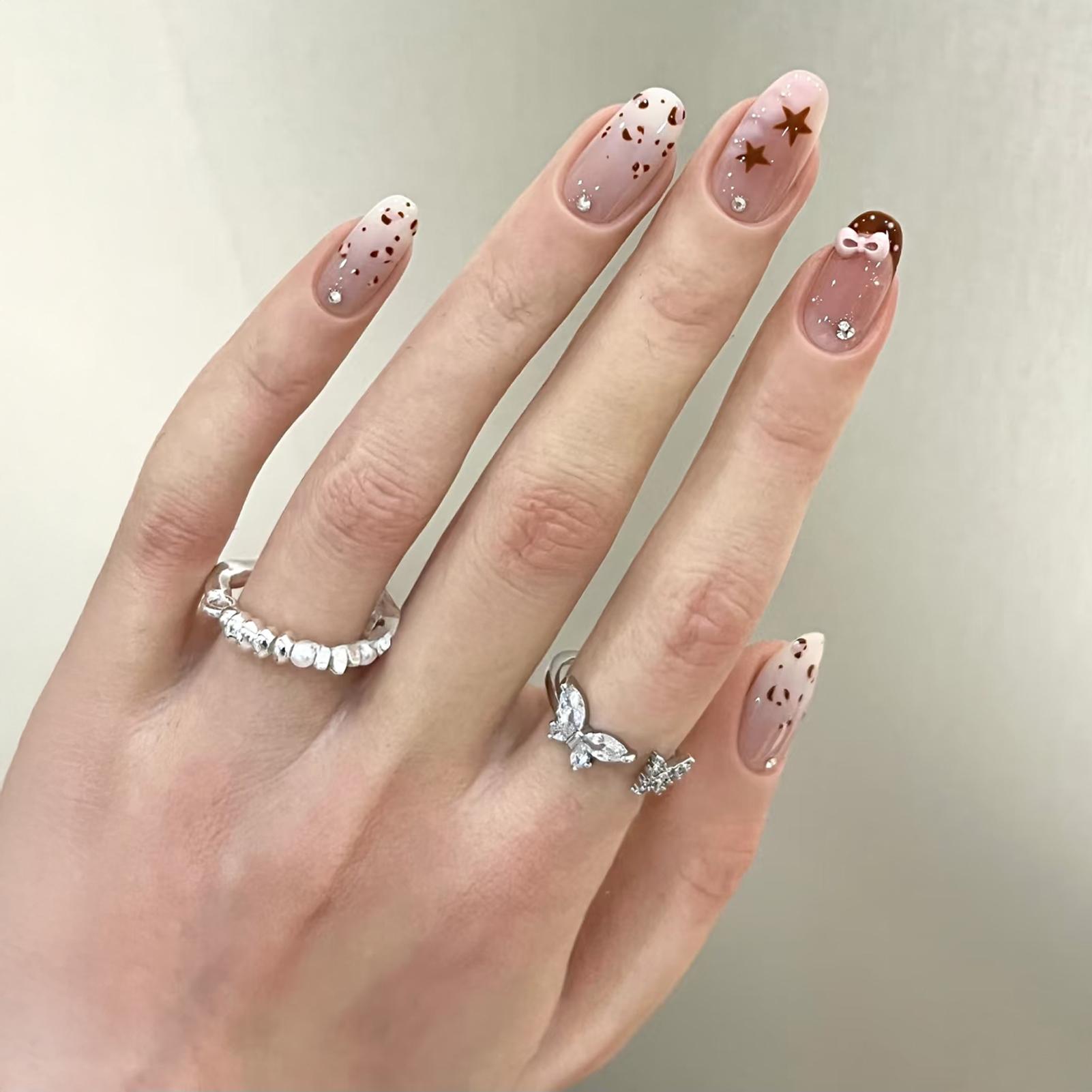 30Pcs Press On Nails French Red Brown Leopard Print Rhinestone Bow False Nails Press On Nails Full Cover Artificial False Nails