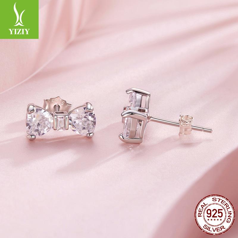 Bow S925 Sterling Silver Stud Earrings For Women, Shining Luxury Zircon Simple Stud Earrings.