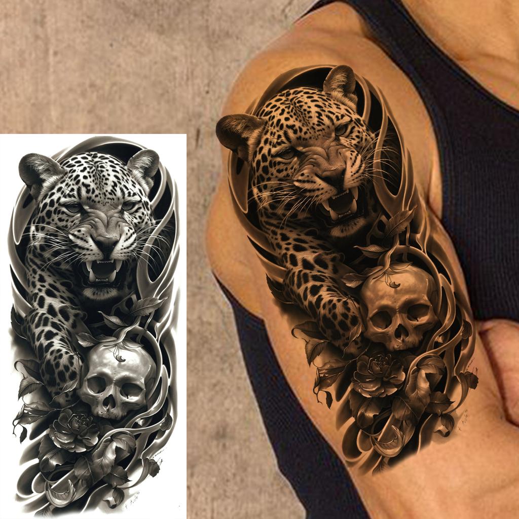 1 Sheet Cool Leopard With Rose Temporary Tattoos For Men Women Adults, Long Lasting Realistic Waterproof Fake Tattoo Sticker