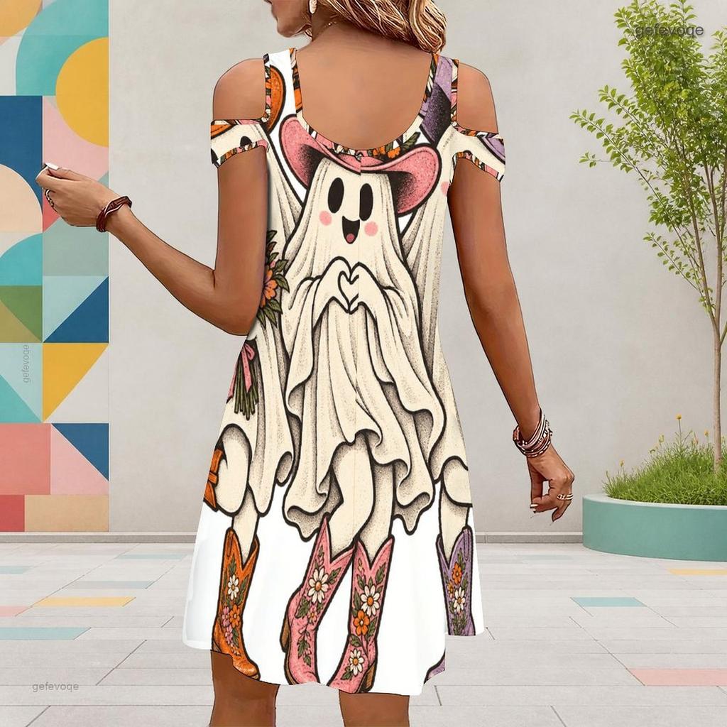 Women Plus Size V Neck Cold Shoulder Short Sleeve Cartoon Ghost Printed Dress