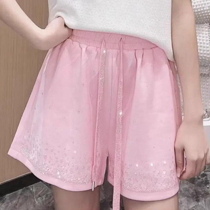 

Plus Size High Waist Shiny Slimming Drawstring Wide Leg Shorts XL 120-150 jin рожевий