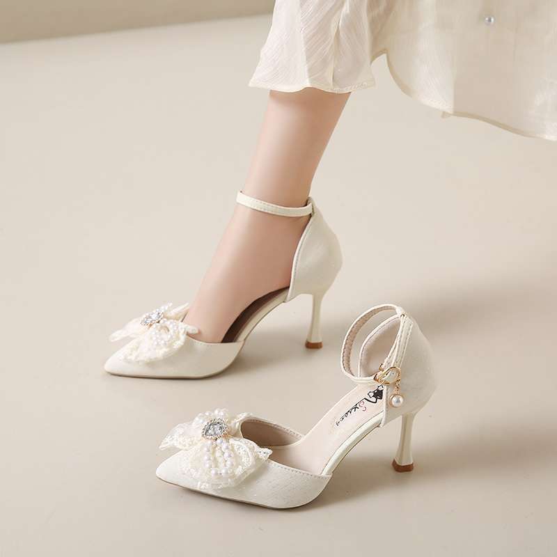 Fairy style bag head sandals female thin heel pointed high heels summer new pearl bow versatile hollow shoes
