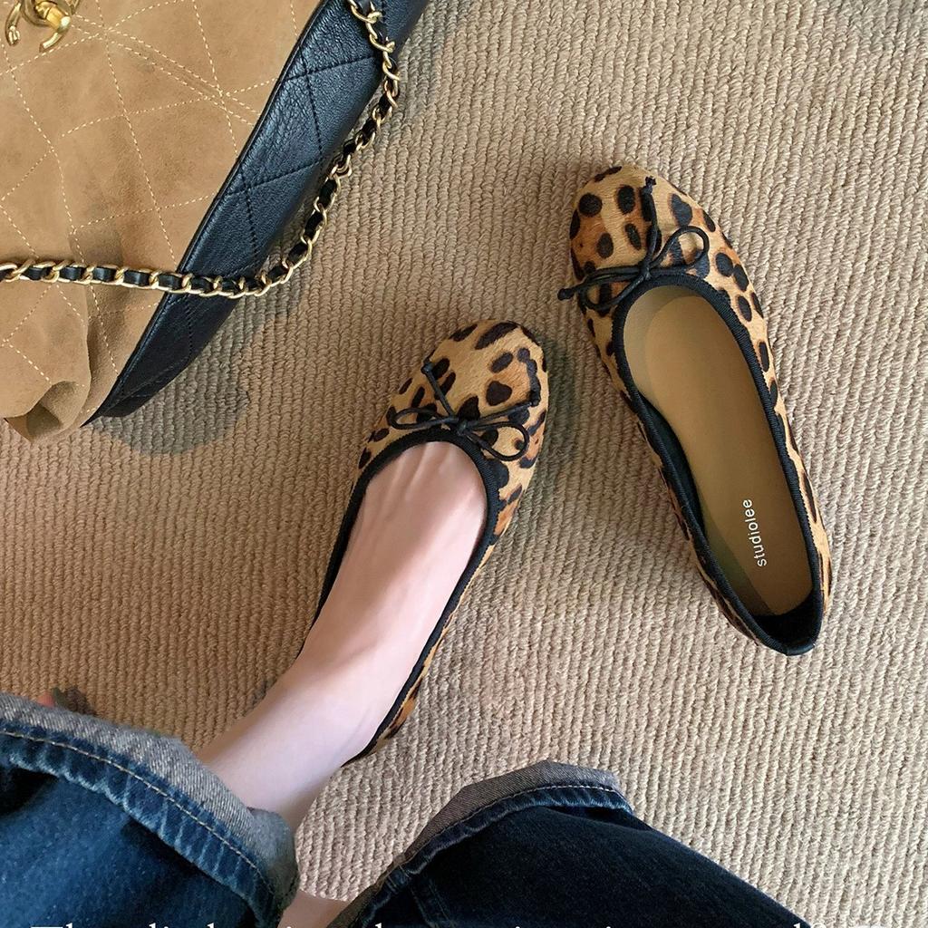 Sheepskin Version~ Grape Mother Same Leather Classic Round Head Bow Leopard Print Single Shoes Women's Shallow Mouth Ballet Flats