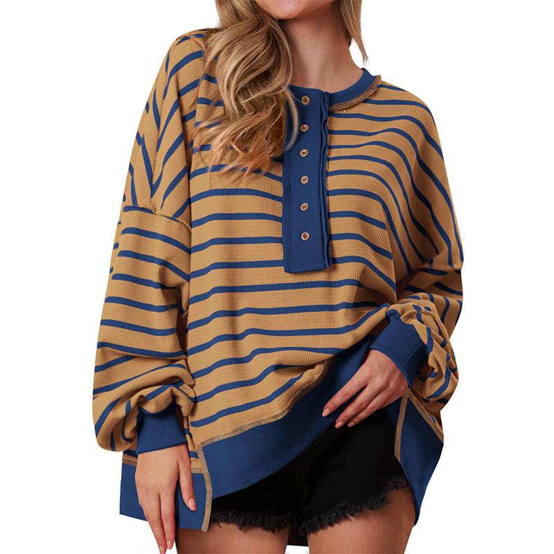 Color Block Long Sleeve Striped Button-Up Casual Sweater for Women - Autumn/Winter