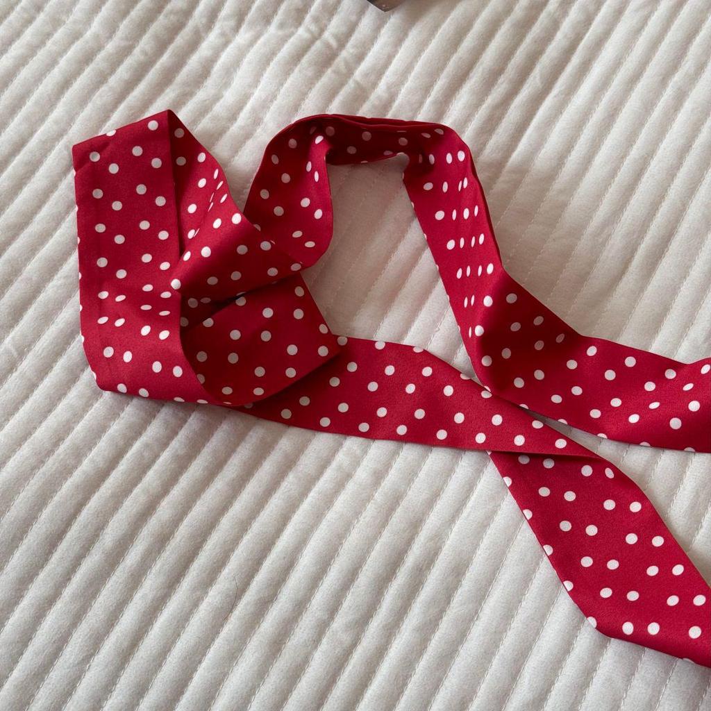 Elegant Polka Dot Silk Scarf & Headband Ribbon: Versatile Hair Accessory for Ponytails or Bags.