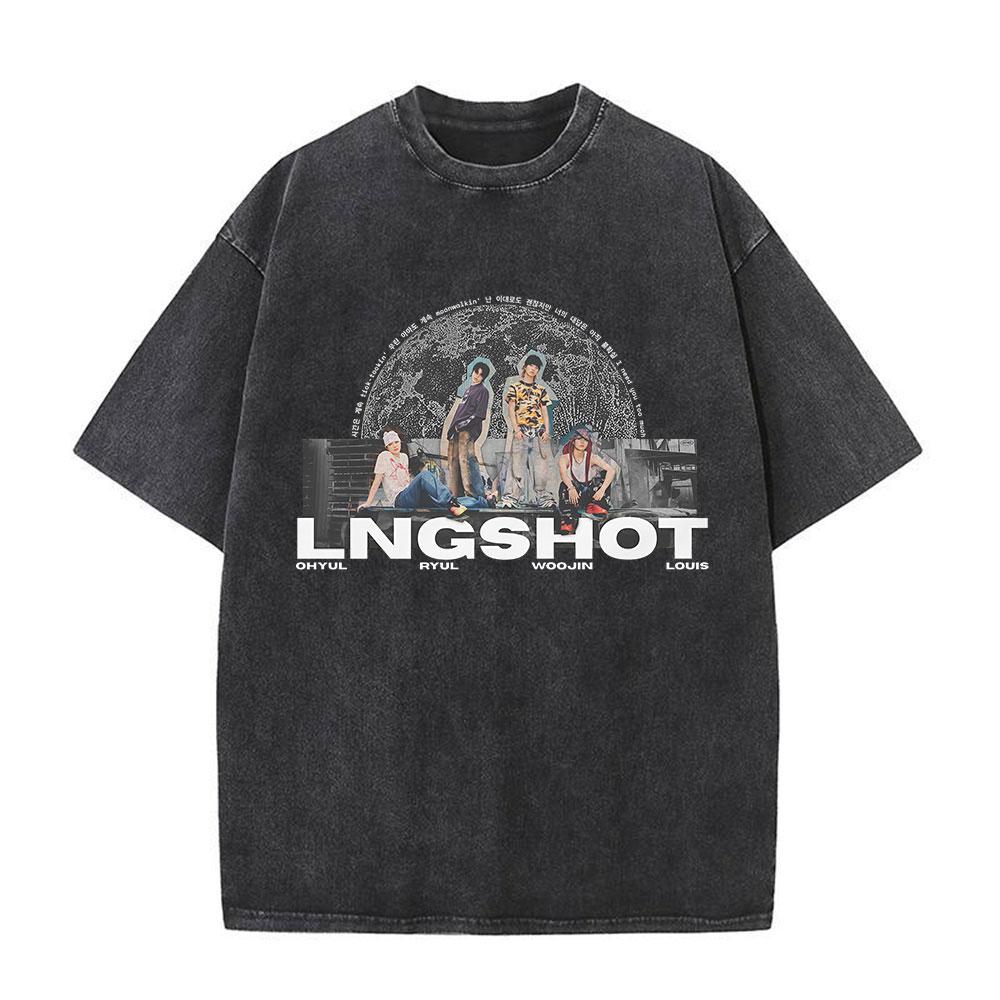 Vintage Washed Korean Kpop Hip Hop Group Lngshot LOUIS T Shirt Men Women Clothing Fashion Hip Hop Short Sleeve Cotton Tshirts S