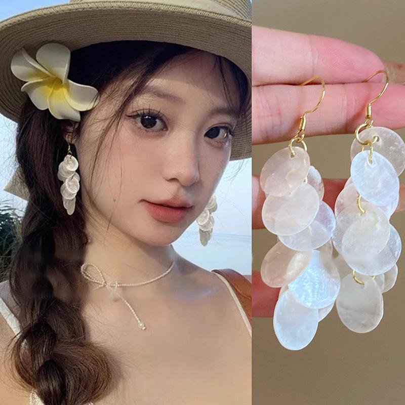 Silver Geometric Seashell Tassel Stud Earrings – Beach Vacation Style for Women