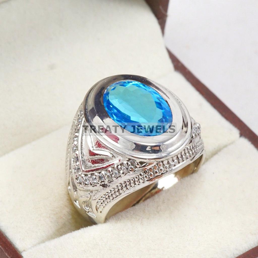 Blue Topaz Oval Cut Gemstone With 925 Sterling Silver Ring For Men's #A902 JL375669066753