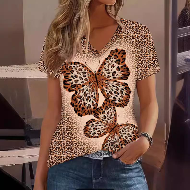 

Летний топ с V-образным вырезом и принтом в виде 3D-бабочки, модные повседневные женские футболки с короткими рукавами 5XL