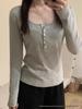 Women's Slim Fit Striped Button U-Neck Long Sleeve T-Shirt - American Retro Early Autumn 2025