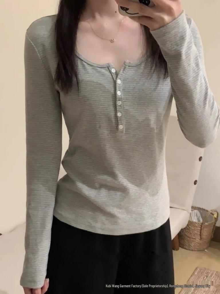 Women's Slim Fit Striped Button U-Neck Long Sleeve T-Shirt - American Retro Early Autumn 2025