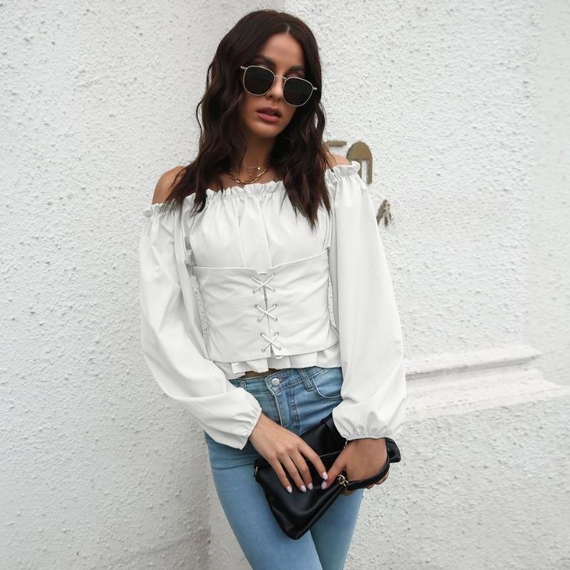 Off Shoulder Hot Style Front Straps Women Blouse Long Sleeve Slim Waist Pleated Short Top Elegant Casual Shirt New Solid Color Ruffled Clothng