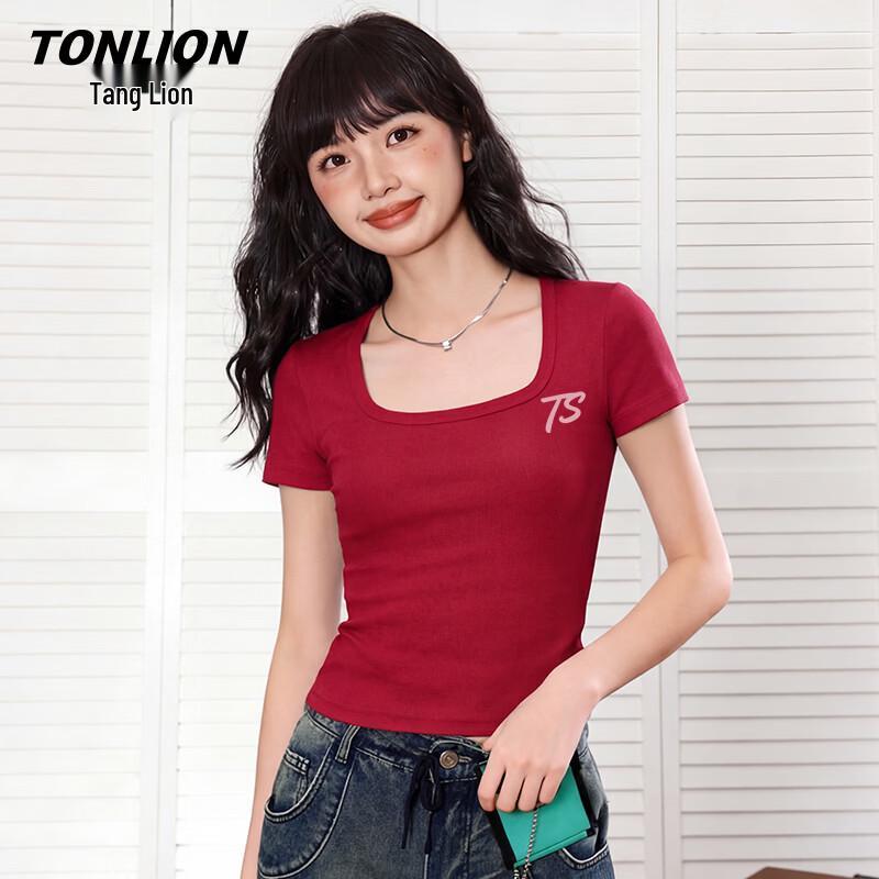TonLion Women s Square Neck Slim Fit Short Sleeve T-Shirt M