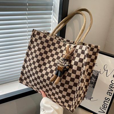 Large Capacity Checkerboard Handbag Bag for Women New Versatile Ins Student Commuting Canvas One-shoulder Tote Bag