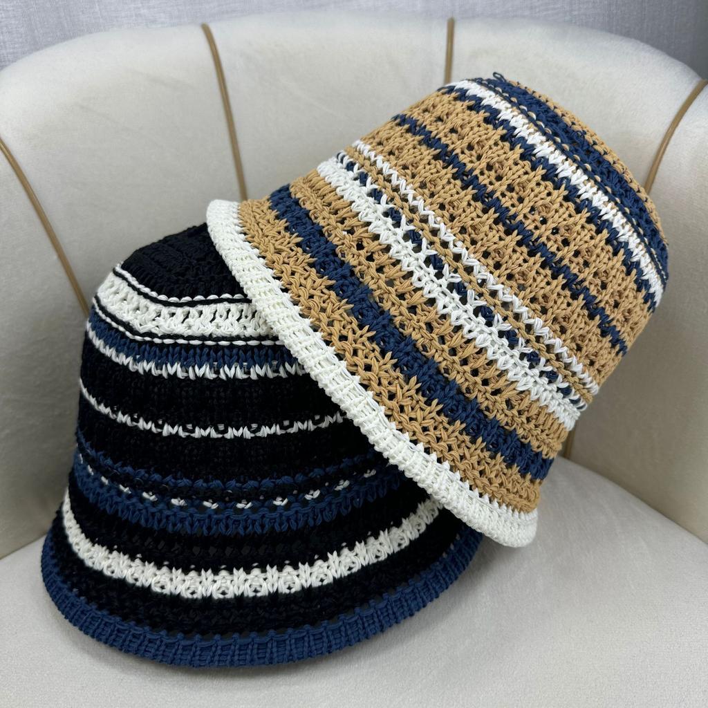 All-match Fashion Sunscreen Breathable 100% Polyester Bucket Hat Spring Summer New Hollow Fisherman's Knitted Color Matching Hat