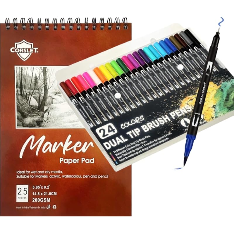 Corslet Dual Tip Brush Pens 24 Shades Fineliner Sketch Pen Set Markers Sketchpens Pen Brush Colour Set Water Based Marke