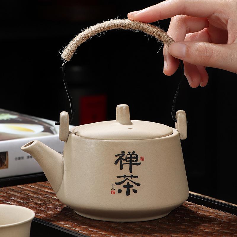 Coarse pottery tea set, home use, one pot, four cups, ceramic kung fu tea cup, teapot gift box, Chinese style handle pot