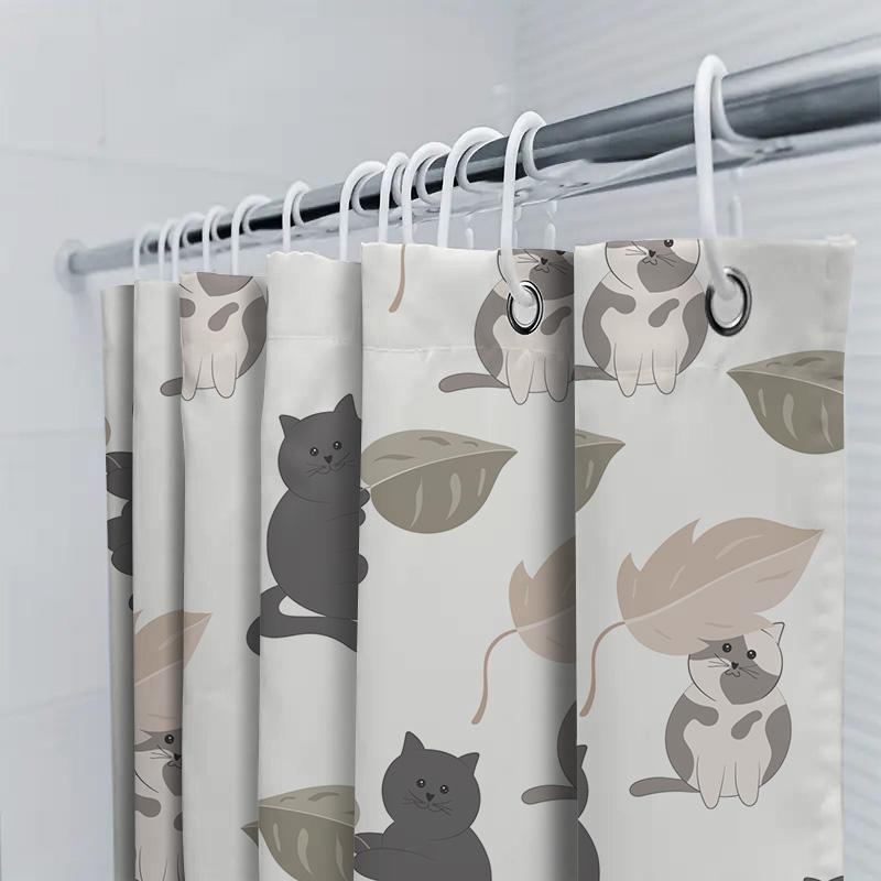 White Shower Curtain With Black Grey Cats And Leaves Decorative Bathroom Accessories For Home Decoration