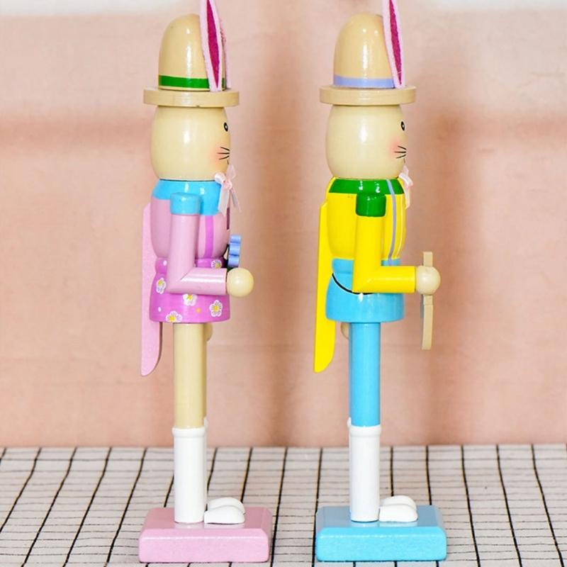 Wooden Rabbit Nutcrackers With Safe Paint 25cm High Decorative Toy for Easter Celebration & Kids Room Mood Gift
