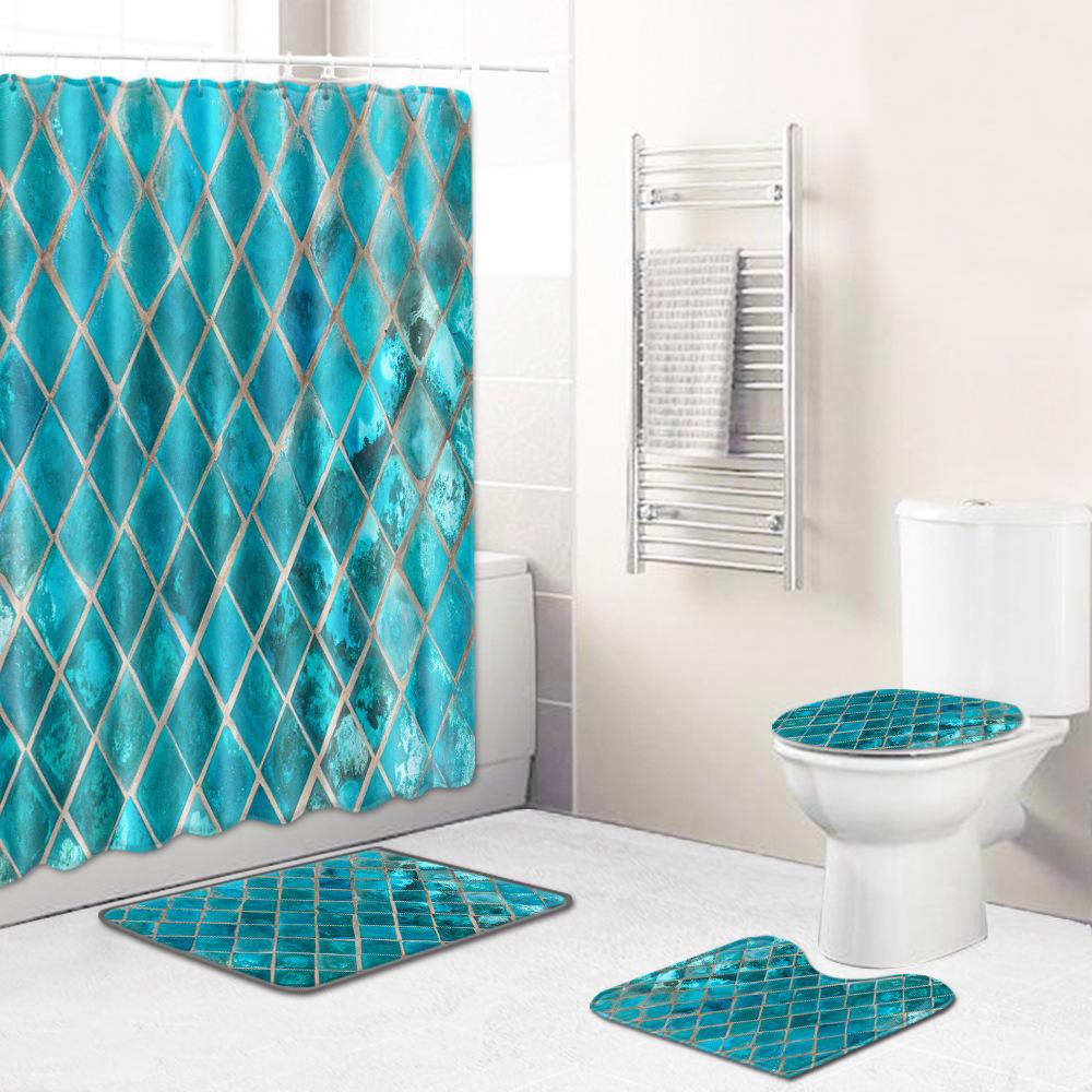 Marble Texture Printing Bathroom Non-Slip Floor Mat Shower Curtain Combination Carpet European And American Style