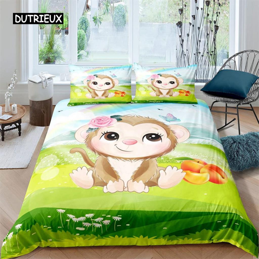 Kinder Affe Bettbezug Niedliches Cartoon Tier Bettwäscheset Lieblicher Kleiner Affe Bettdeckenbezug Für Jungen Mädchen Kinder Schlafzimmer Deko