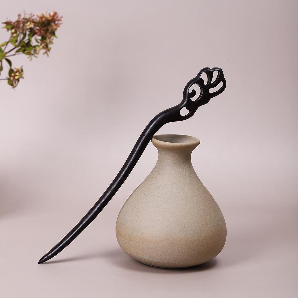 Vintage Ebony Wood Hairpin: Auspicious Clouds Design for Elegant Updos