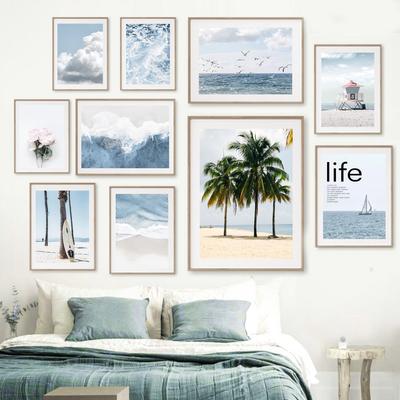 Blue Sea Bird Beach Surfboard Palm Tree Wall Art Canvas Painting Nordic Posters And Prints Wall Pictures For Living Room Decor