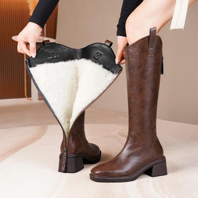 Stivali lunghi da donna in stile britannico in vera pelle, stivali alti da donna in lana naturale, stivali da cowboy occidentali da donna
