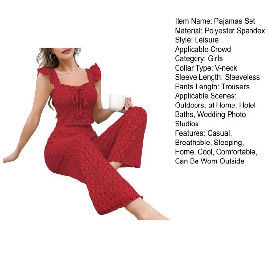 Damen Lochstickerei Pyjama Set 2 Teile Rüschen Ärmelloses Tanktop Und Lange Hose Pjs Set Sommer Lounge Nachtwäsche
