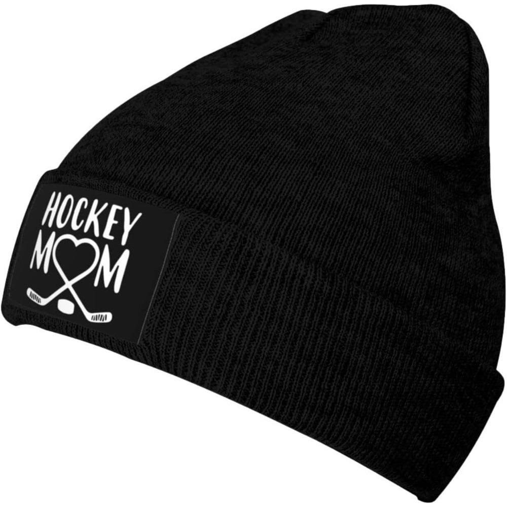 Winter Knit Hat Cap for Unisex Women, Hockey Mom Heart Daily Beanie Hat Unisex Warm Cuff Ski Skull Caps Black