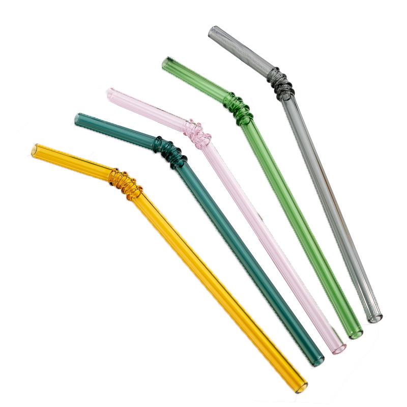 Bent Tip Colored Glass Straws - Double Child Pack, Creative Crystal Design, Heat Resistant for Milk Tea and Drinks