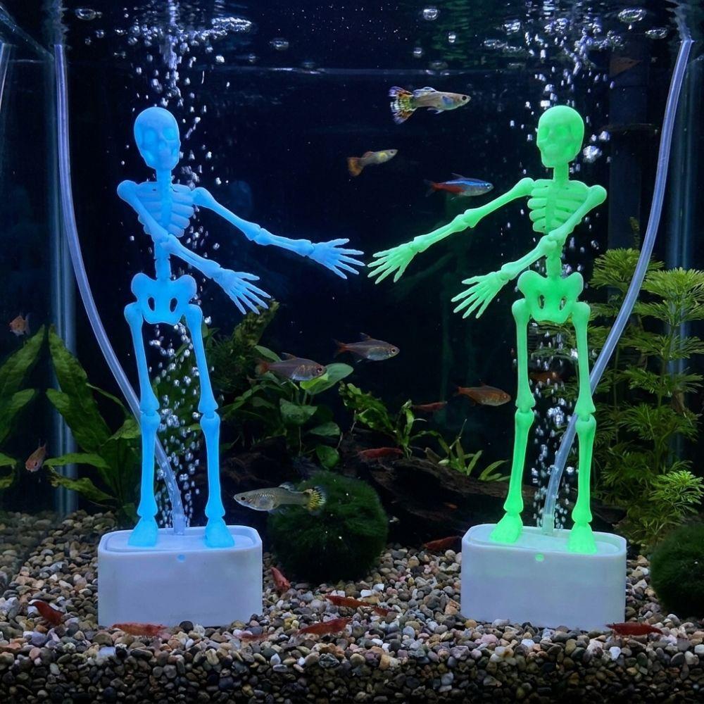 Glow in Dark Dancing Skeleton Aquarium Bubbler Luminous Air Pump Fish Tank Dance Skull Ornament Stable Base Multi-Joint Movable