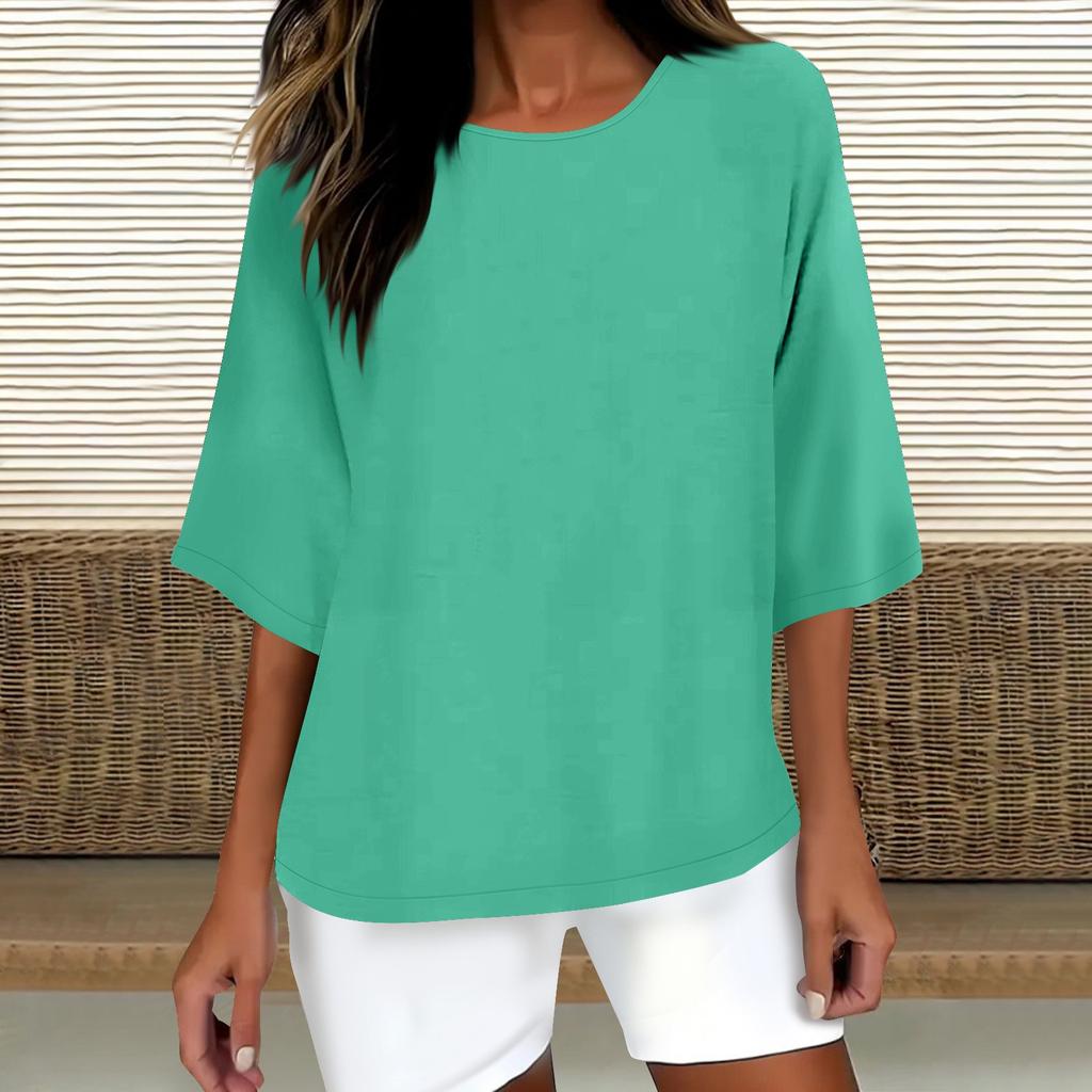 Women's Fashion Solid Color Casual T-Shirt Seven Sleeve Round Neck Cotton Top
