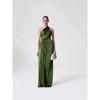 Retro Olive Green Neck Pleated Satin Dress Kinked Waist Light Luxury Dinner Dress Dress