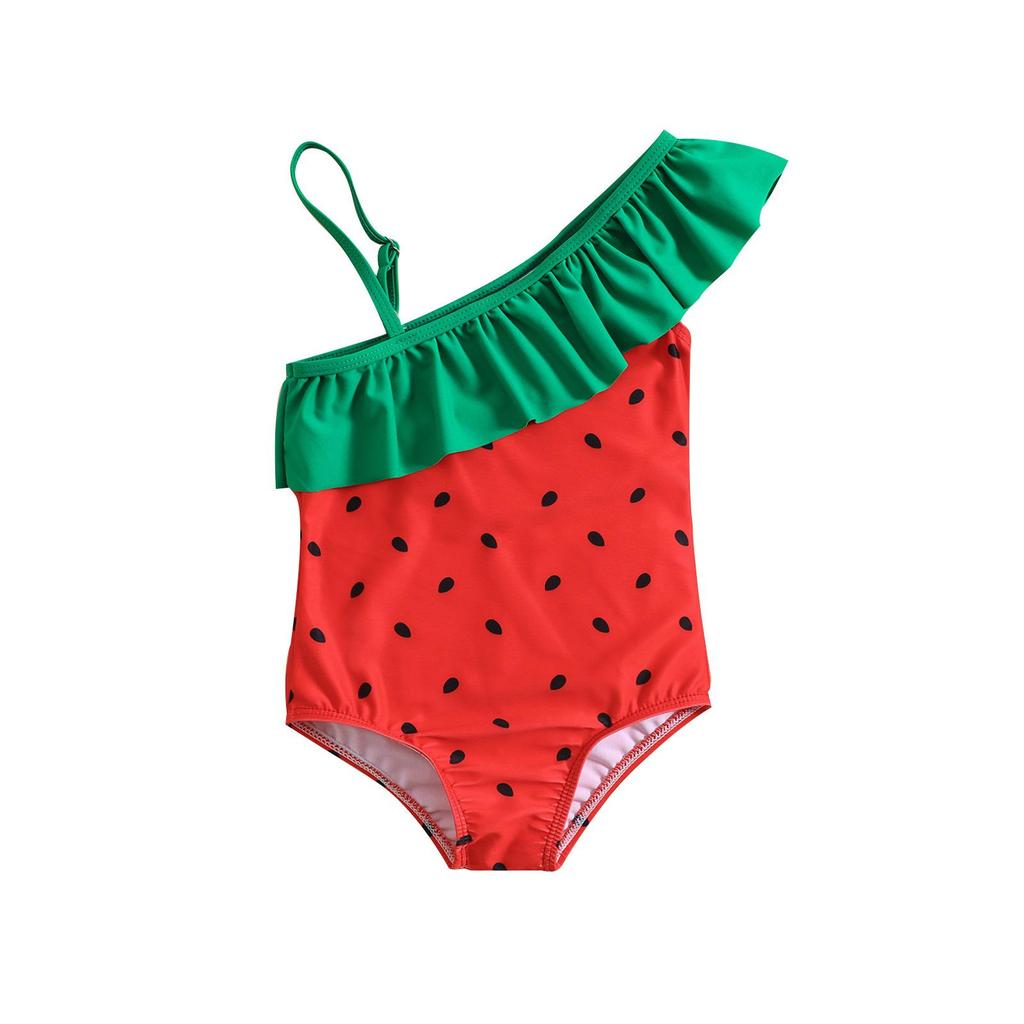 Kid Sleeveless Ruffle Strapless Cartoon Strawberry Print One Piece Swimsuit Bikini Swimwear 1 Piece Cartoon Sleeveless Swim Suit