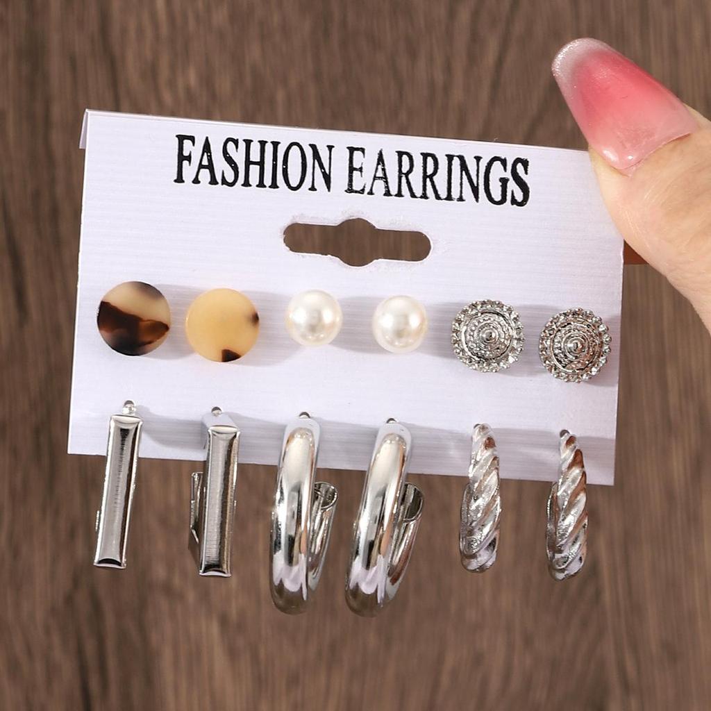 European & American Retro Geometric Hammered Textured Earrings 6-Piece Set: Creative Heart Diamond Stud & Alloy Earrings