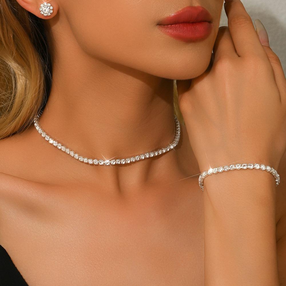 3pcs Set Fashion Simple Shiny Square Rhinestones Chain Necklace Earrings Bracelet Set for Women Luxury Temperament Jewelry Sets