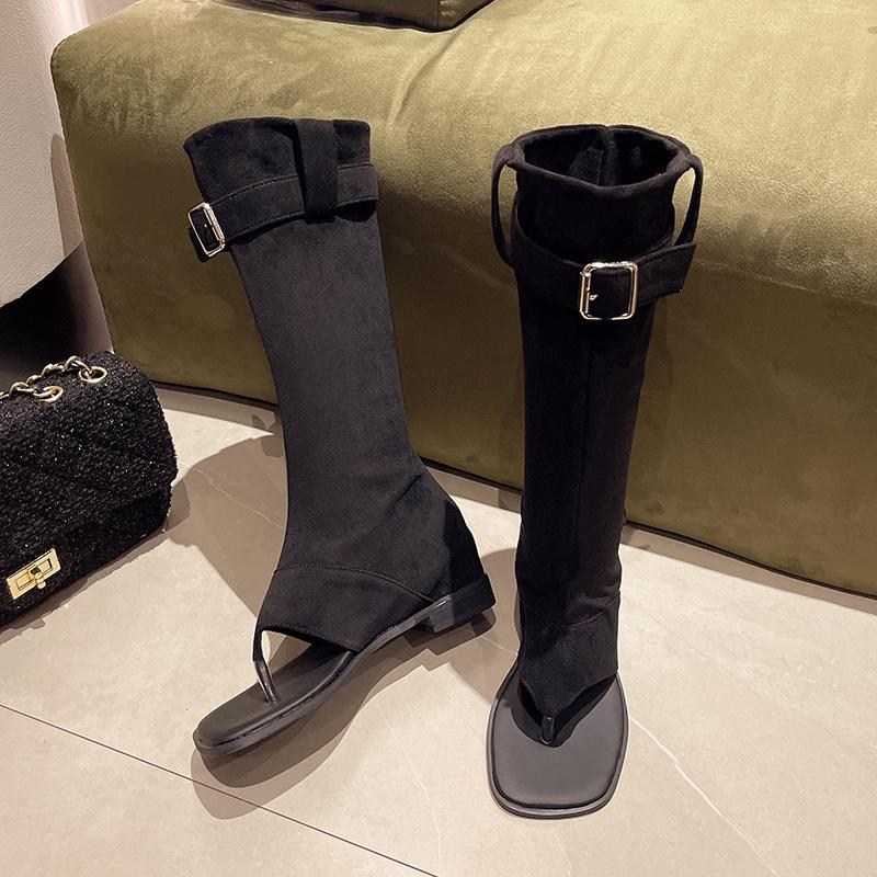 Fashion Square Toe Clip Low Heel Fabric High Tube Cool Boots 2024 New Splicing Sleeve Belt Buckle Low Heel Mid Tube Summer Women's Boots