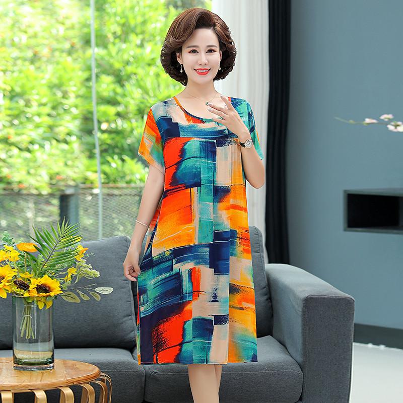 Mom summer dress medium and long pure cotton silk nightdress year-old new Chinese women's knee skirt