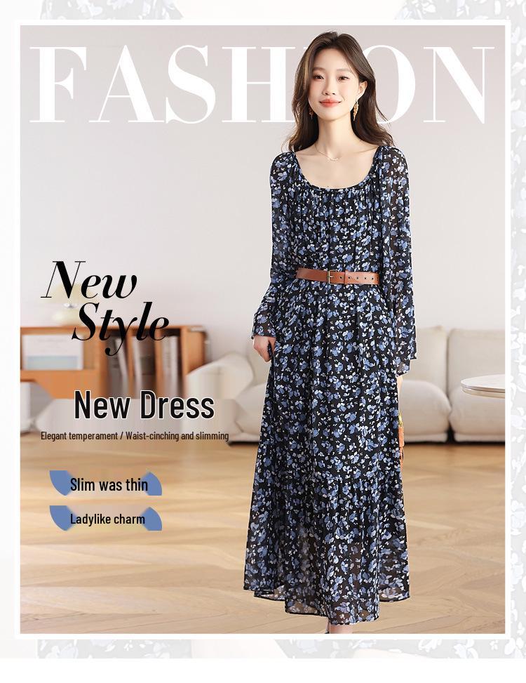 Zhu Zhu Style French Retro Floral Chiffon Dress - Autumn Slim Fit Long-Sleeve Maxi