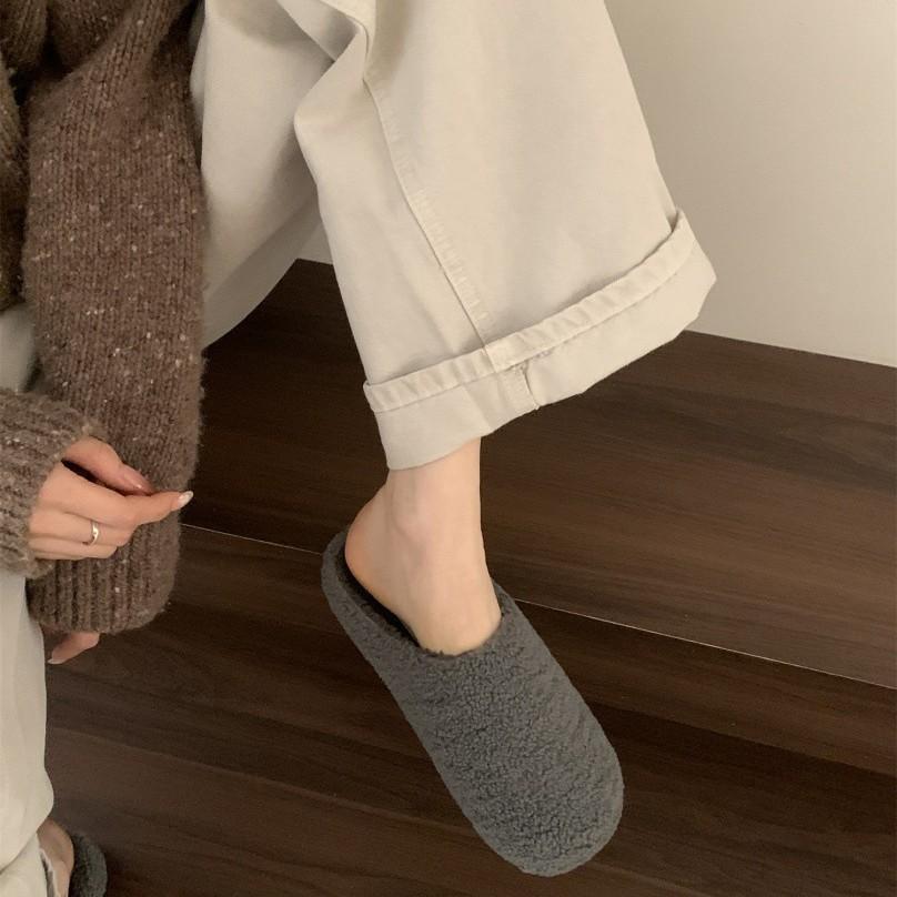 Baotou outer wear cotton slippers, one pedal, velvet to keep warm, big head retro confinement fluffy slippers, home leisure half drag