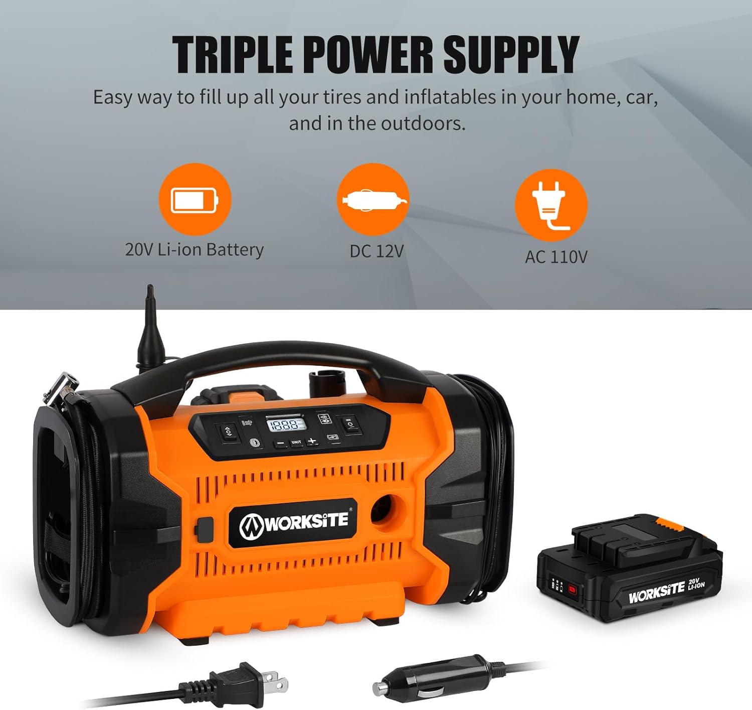 

Portable Tire Inflator 160 PSI Air Compressor with 3 Power Supplies for Cars, Bikes, Balls - Orange сірий