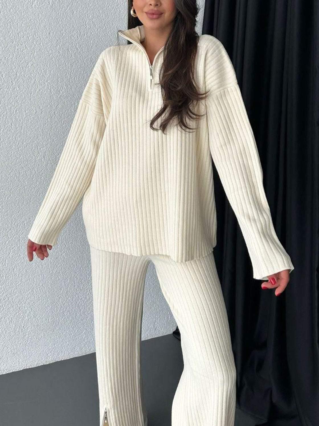 2025 Autumn/Winter Women s Solid Color Ribbed Knit Zipper Two-Piece Set S